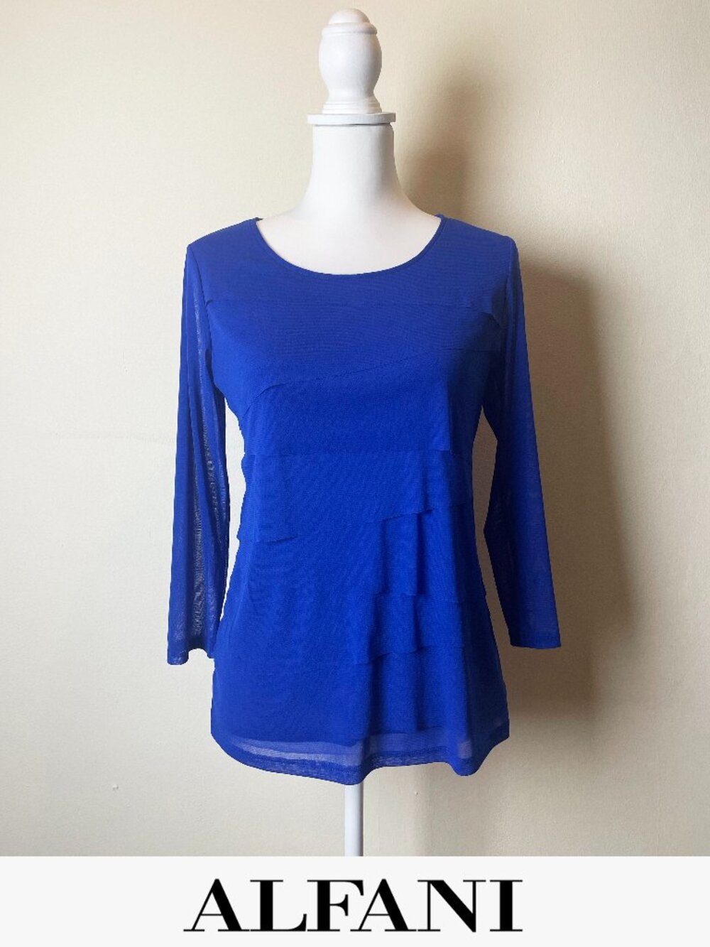 Alfani Royal Blue Tiered Mesh Layered Blouse | Sheer Sleeve Top | Size Small EUC